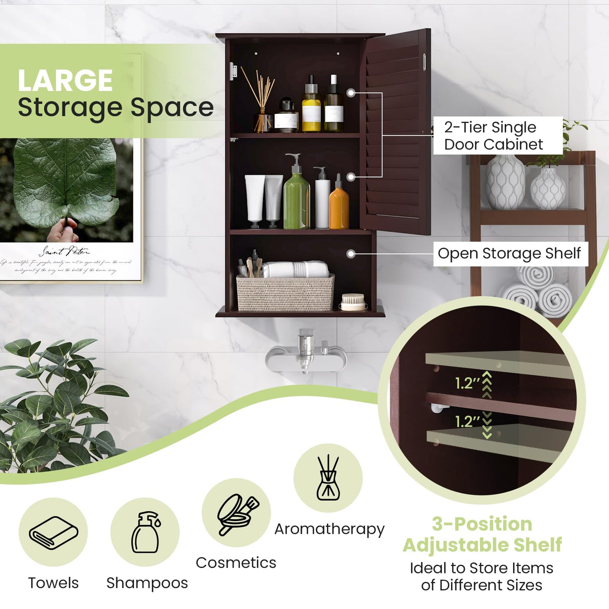 Tangkula Medicine Cabinet, Wall Mounted Bathroom Cabinet Single Door Wooden Bathroom Wall Cabinet with Adjustable Shelf (Brown) Tangkula
