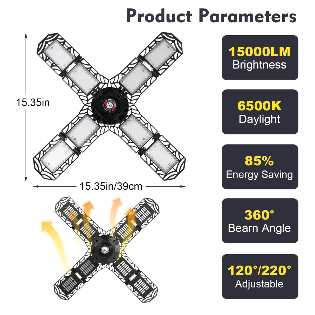 PINSAI LED Garage Light,Super Bright Screw in E26/E27 Ceiling Shop Work Lamp, 150W 15000 Lumen Deformable Basement Bulb Fixture with 8 Adjustable PINSAI