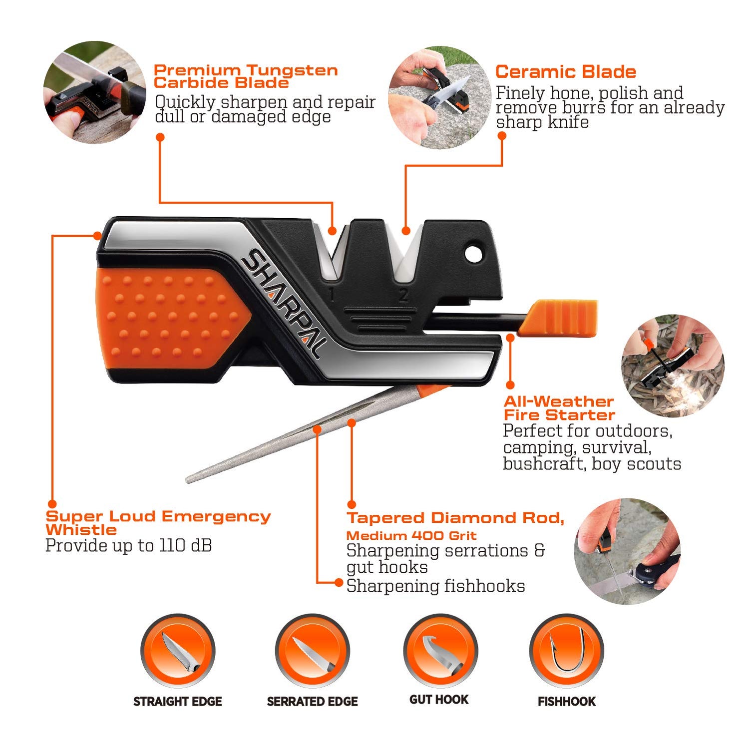 SHARPAL 101N 6-In-1 Pocket Knife Sharpener & Survival Tool, with Fire Starter Ferro Rod, Whistle & Diamond Sharpening Rod, Quickly Repair, Restore SHARPAL