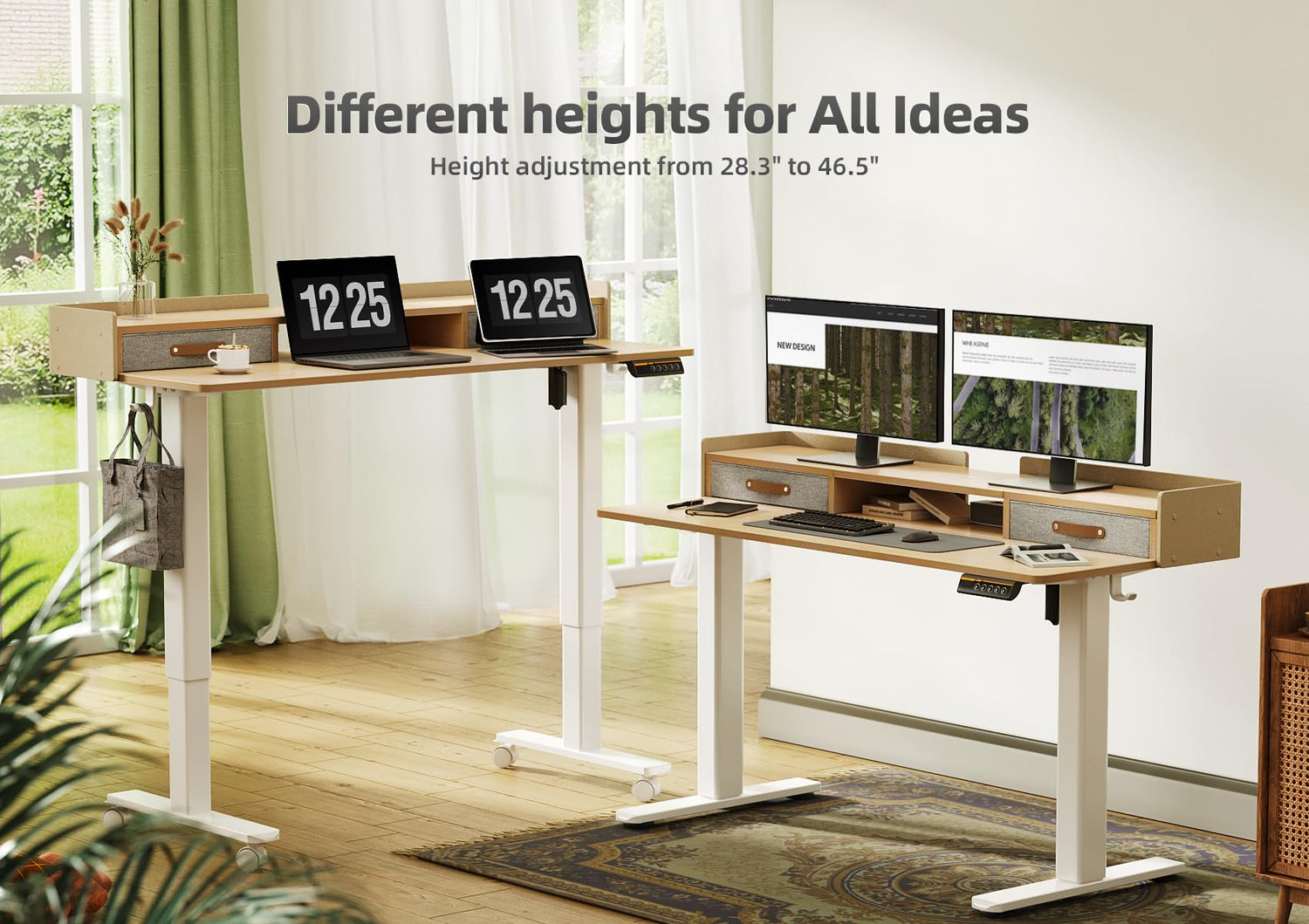 YDN Standing Desk with Drawers, 48 Inch Standing Desk Adjustable Height, Adjustable Electric Stand Up Sit Stand Small Desk with Storage and Shelf, YDN