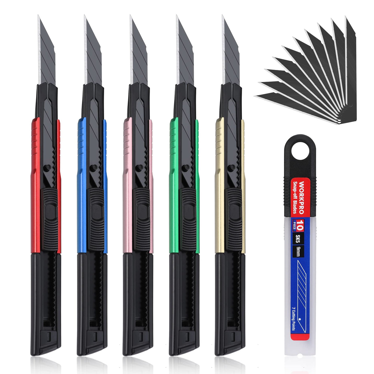 WORKPRO Premium Utility Knife Retractable Snap-off Blade, Heavy Duty Aluminum Box Cutter Set, Razor Knife Exacto Craft Knives, with 10 Extra 9mm WORKPRO