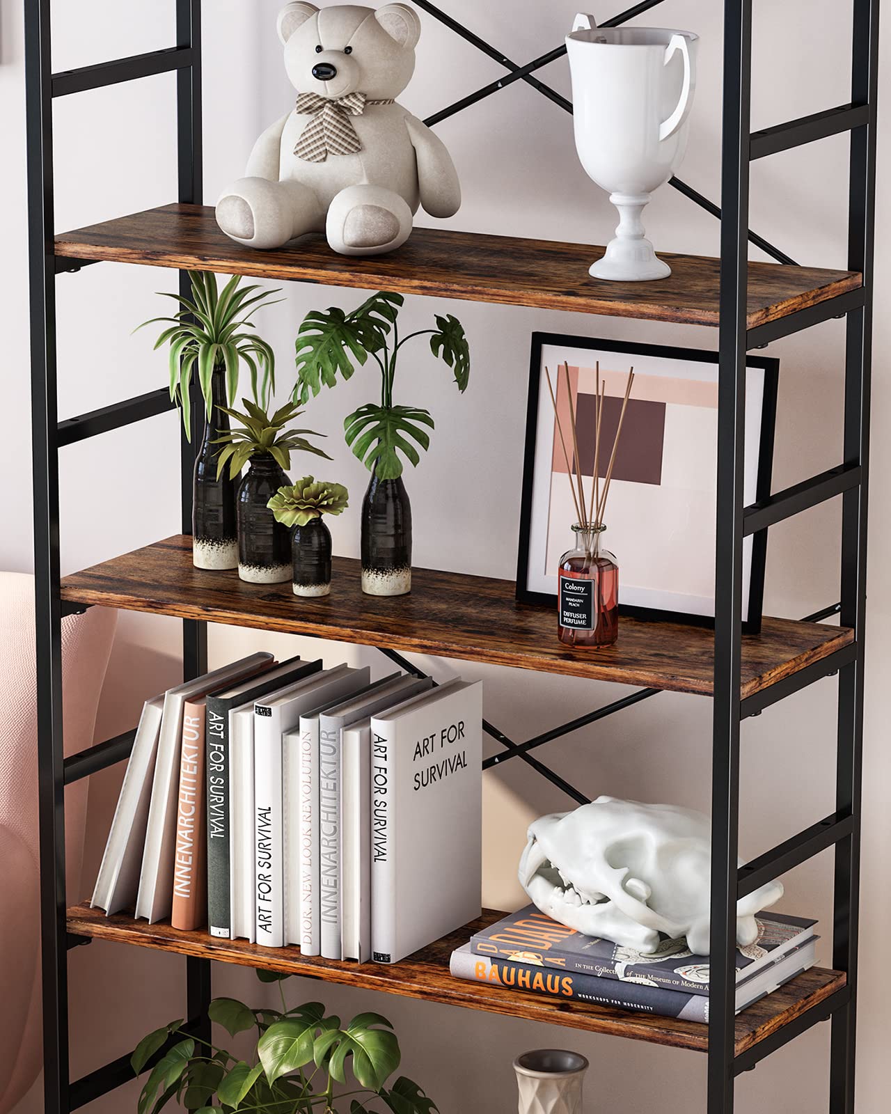 CosyStar Rustic Industrial 5-Tier Adjustable Bookcase with Metal Frame - WoodArtSupply