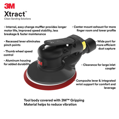 3M Random Orbital Sander, Xtract Pneumatic 88955, 6 in, with Central Vacuum Attachment, 5/16 in Orbit, Ergonomic and Lightweight ROS, .28 HP (209W) - WoodArtSupply