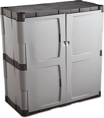 Rubbermaid Freestanding Storage Cabinet with Doors, 18"D x 36"W x 37"H, Medium, Gray/Black, Two-Shelf Lockable Cabinet for Indoor/Outdoor/Garage