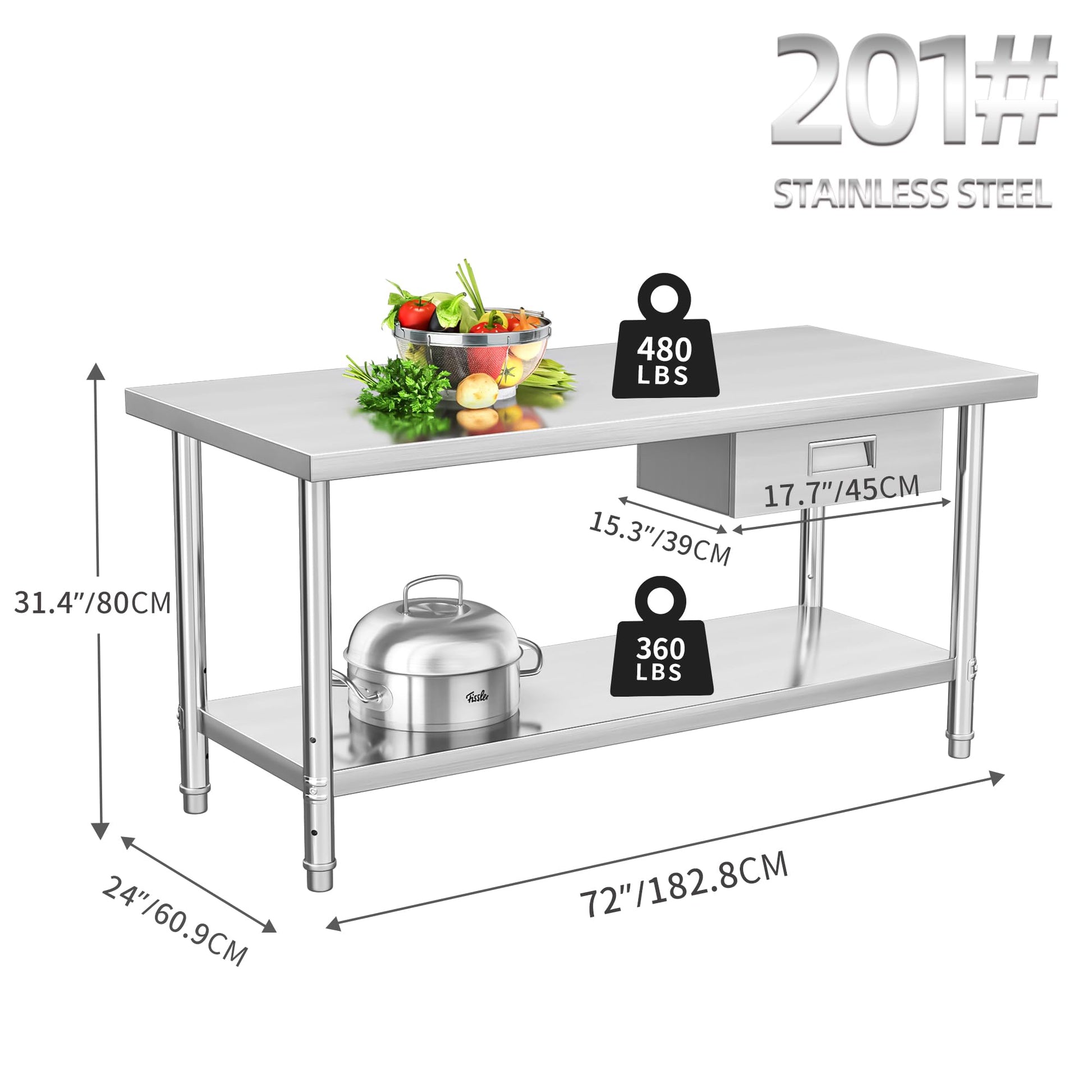 YITAHOME Stainless Steel Table with Drawer, 72" X 24" Work Table with Drawer, Metal Table Prep Table for Home Kitchen Restaurant Garage Warehouse - WoodArtSupply