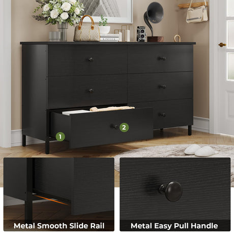 Hasuit 6 Drawers Double Dresser, Wooden Dresser with Heavy Sturdy Steel Frame, Large Capacity Storage Chest of Drawers, Black Dresser for Bedroom, Hasuit