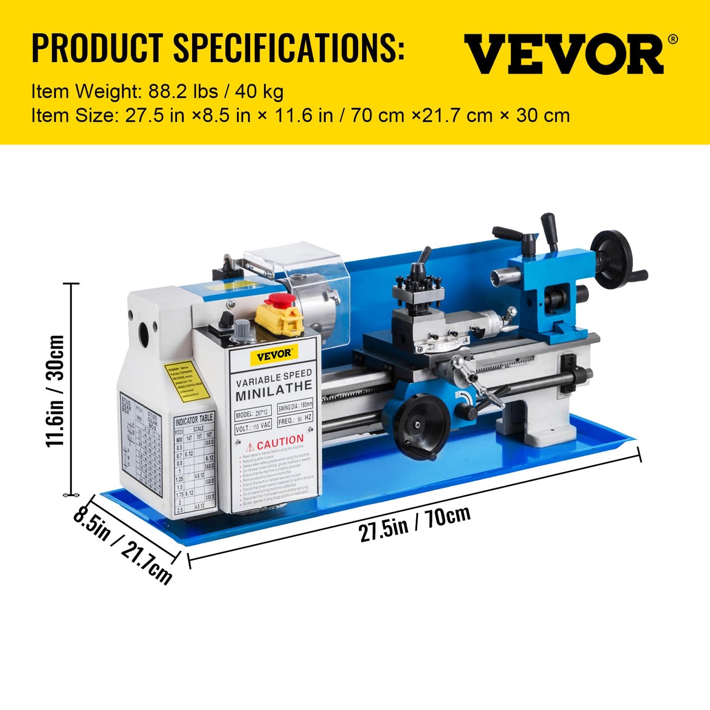 VEVOR Metal Lathe 7"x12",Precision Bench Top Mini Metal Lathe 550W, Metal Lathe Variable Speed 50-2500 RPM Nylon Gear With A Movable Lamp for