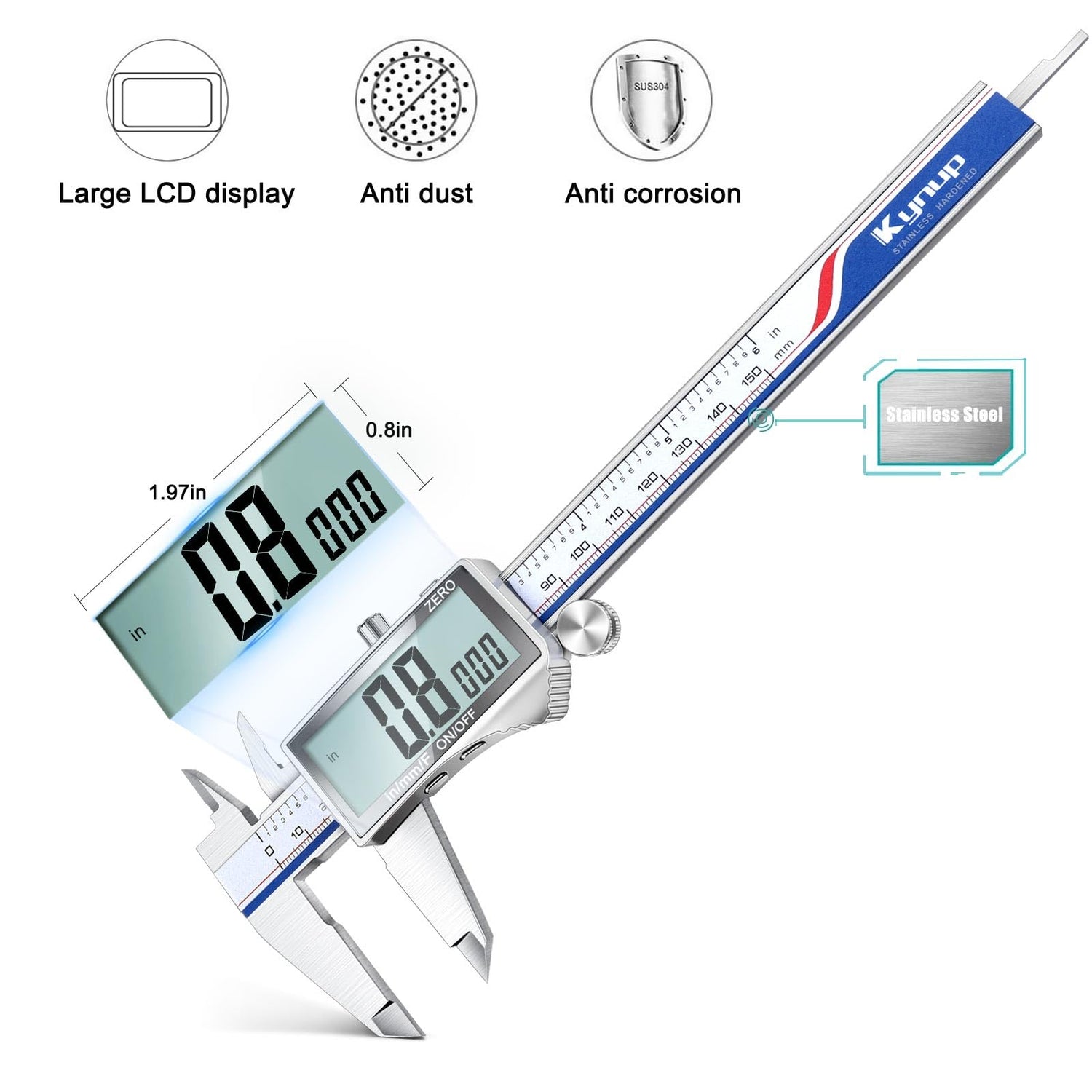 Kynup Digital Caliper, Caliper Measuring Tool with Large LCD Screen, Micrometer Caliper, Stainless Steel, Screen Splash Proof, Easy Switch from Inch Kynup