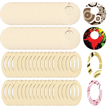 yueton 100PCS Round Oval Wooden Earring Pendant Geometric Hollow Wooden Hanging Ornaments Unfinished Blank Wood Pieces Wood Slices Wood Chips