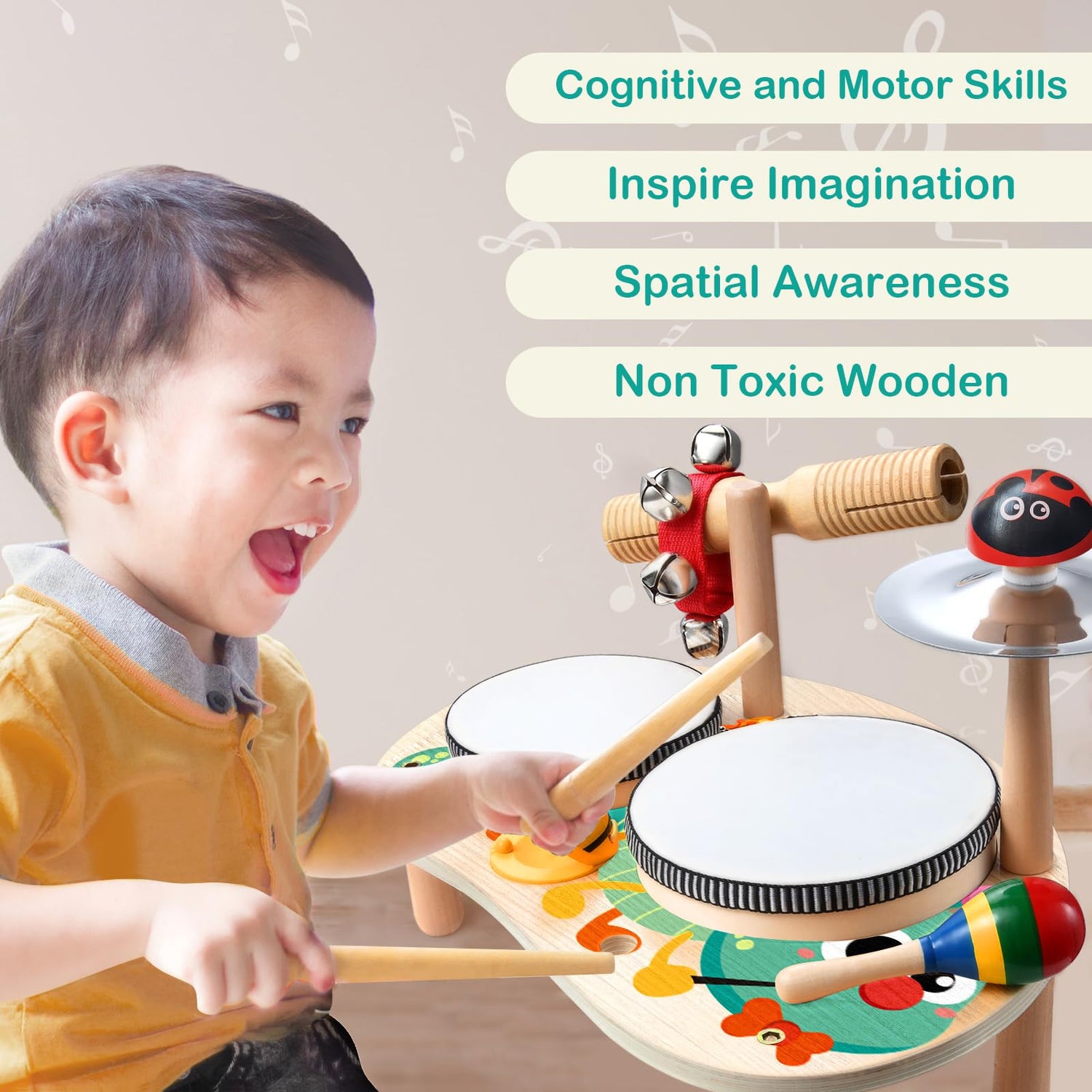 GraceDuck Kids Drum Set for Toddlers: Montessori Musical Instruments Set Toddler Toys - 7 in 1 Wooden Musical Kit Baby Sensory Educational Toys GraceDuck