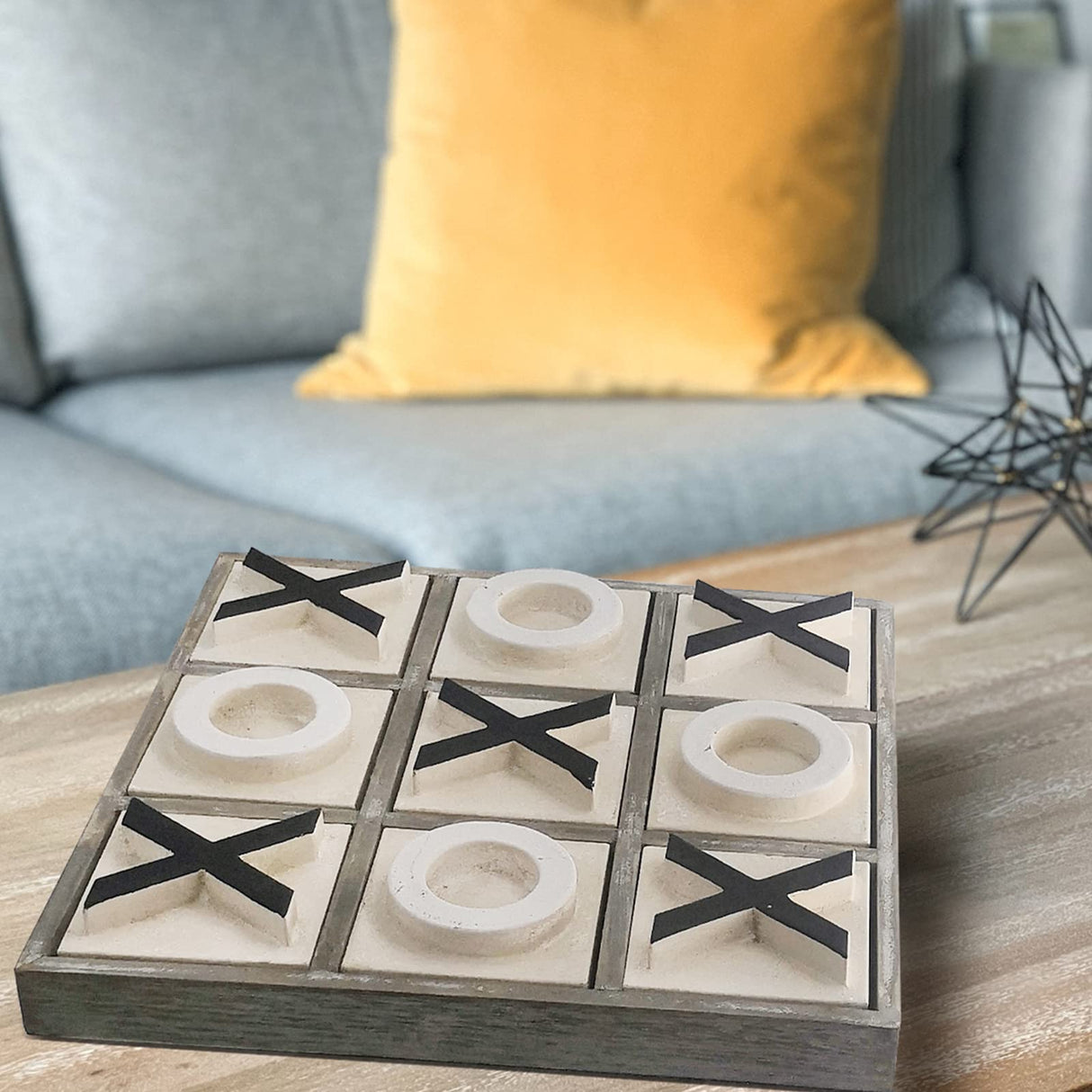 JEVERGN 12.6" Large Tic Tac Toe Game, Rustic Wooden Coffee Table Game, Wood Tic-tac-Toe Board Game with Decor, Family Games for Adult & Kids, Washed JEVERGN