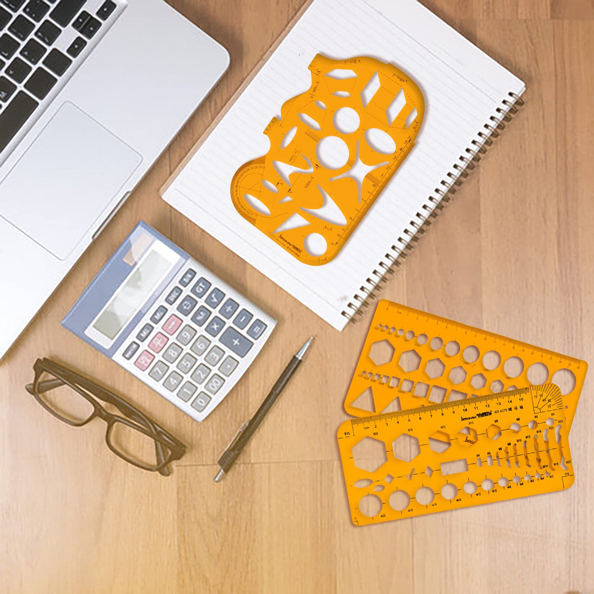 KESAPLAN 9 PCS Geometric Drawings Templates, Drafting Stencils Measuring Tools, Plastic Clear Orange Multi-Function Measuring Rulers with French KesaPlan
