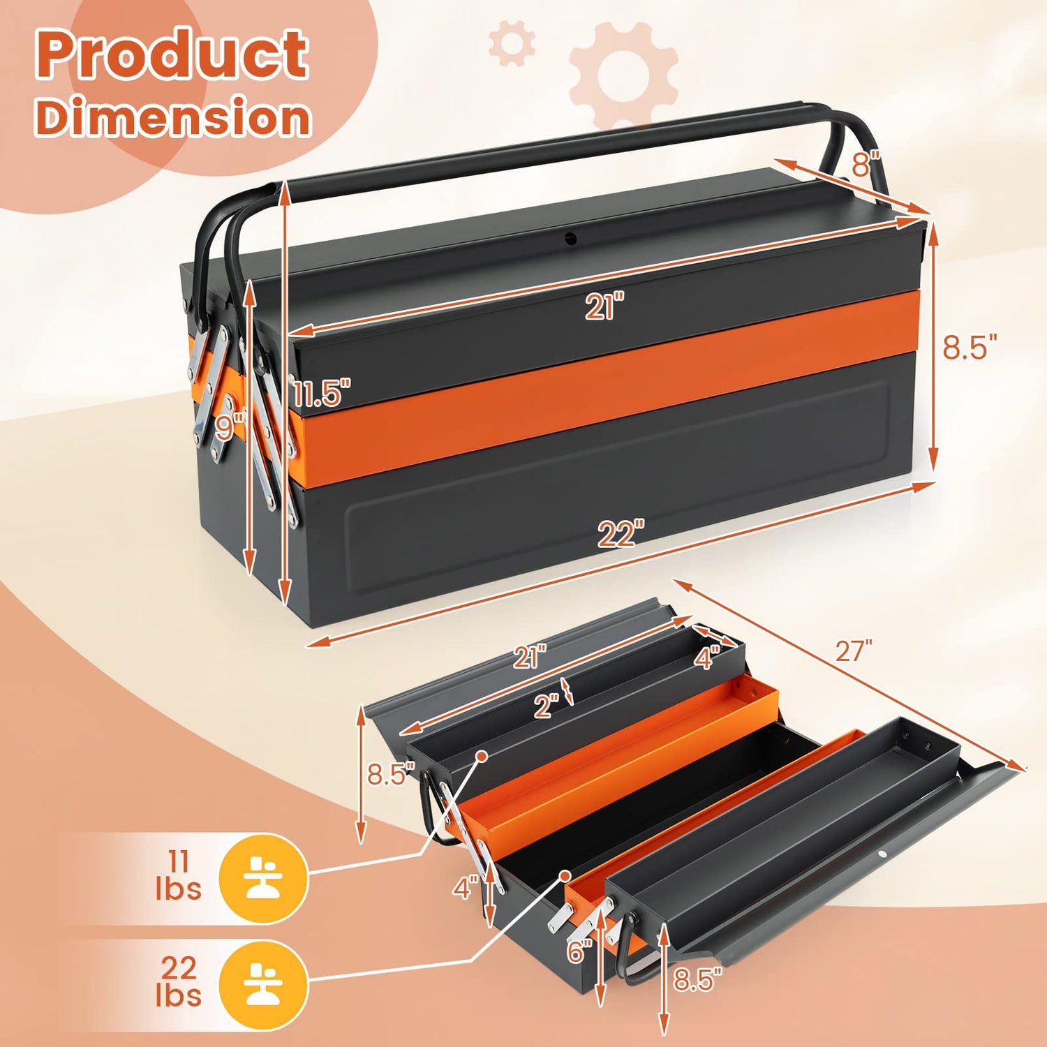 S AFSTAR 22 Inches Tool Box, 3-Layer 5-Tray Metal Toolbox w/Full-Length Handles & Lock Hole Design, Portable Storage Toolbox, Folding Tool Organizer S AFSTAR