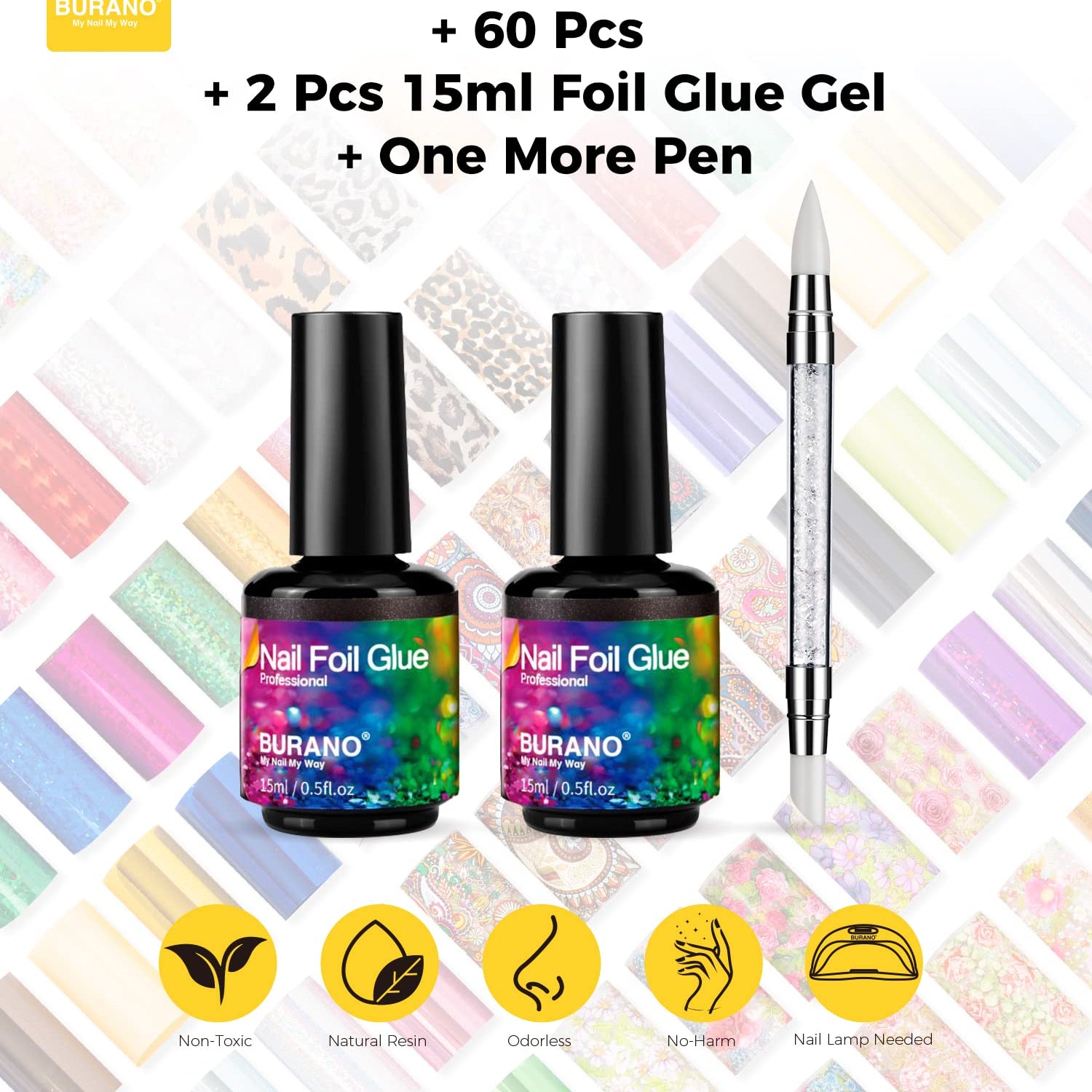 BURANO Nail Art Foil Glue Gel, 15ML 2 Bottles with 60PCS Foils Sticker, Nails Designer Adhesive Transfer Art UV LED Lamp Required BURANO