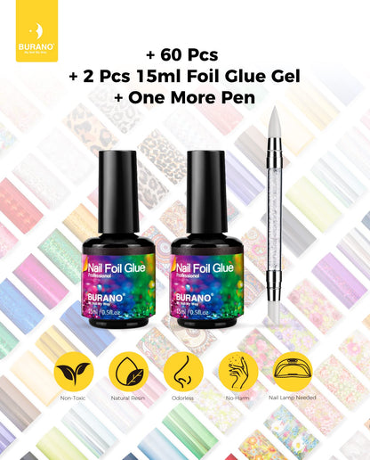 BURANO Nail Art Foil Glue Gel, 15ML 2 Bottles with 60PCS Foils Sticker, Nails Designer Adhesive Transfer Art UV LED Lamp Required