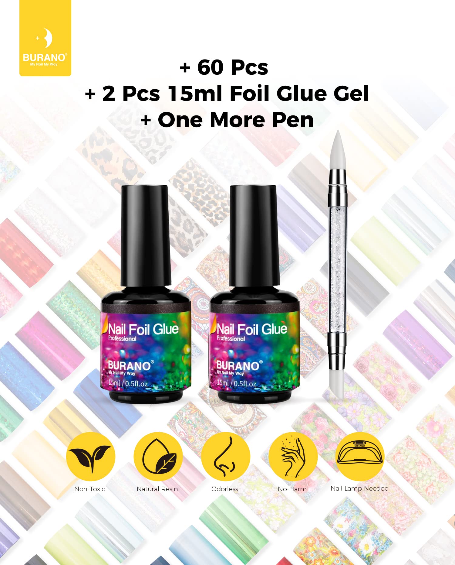 BURANO Nail Art Foil Glue Gel, 15ML 2 Bottles with 60PCS Foils Sticker, Nails Designer Adhesive Transfer Art UV LED Lamp Required - WoodArtSupply