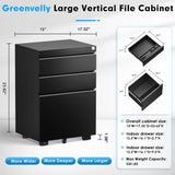 Greenvelly Black 3 Drawer File Cabinet with Wheels, Locking Mobile Filing Cabinet with Lock, Office Rolling File Cabinets for Legal/Letter Size with Greenvelly
