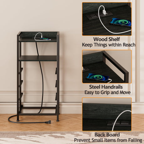 Furnulem 4 Drawer Nightstand with Shelf, Tall Black Dresser for Bedroom with Led Light and Charging Station, Bed Side Table for Living Room, Fabric Furnulem