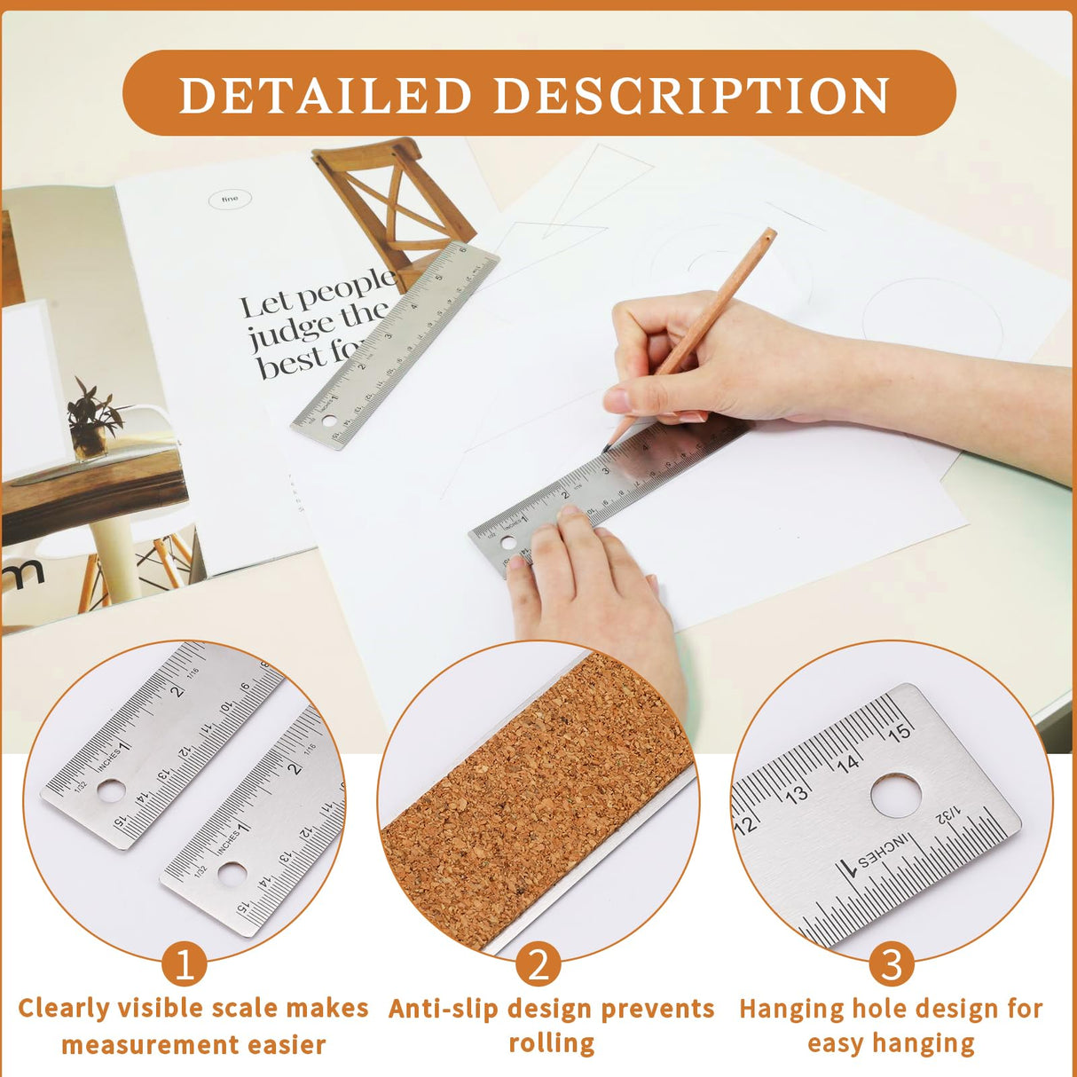 3 Pieces 6 Inch Metal Ruler Stainless Steel Rulers with Cork Backing Non Slip Straight Edge Ruler with Inch and Centimeters for School Office Drawing Mozeat Lens