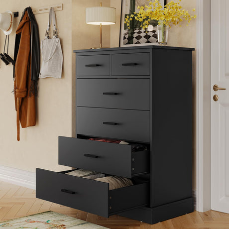 Hasuit Black Dresser for Bedroom, 6 Drawers Dresser Wood Storage Tower Clothes Organizer, Chest of 6 Drawers, Large Capacity Storage Cabinet, Tall Hasuit
