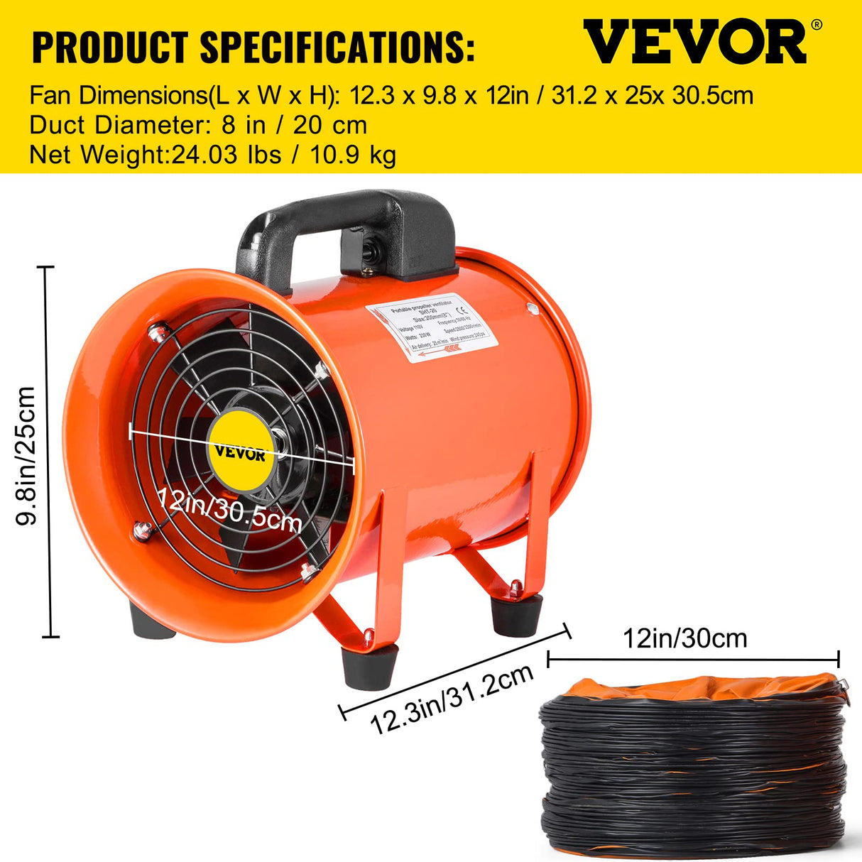 OrangeA Utility Blower Fan, 8 Inches, 230W 882 CFM High Velocity Ventilator w/ 32.8 ft/10 m Duct Hose, Portable Ventilation Fan, Fume Extractor for OrangeA