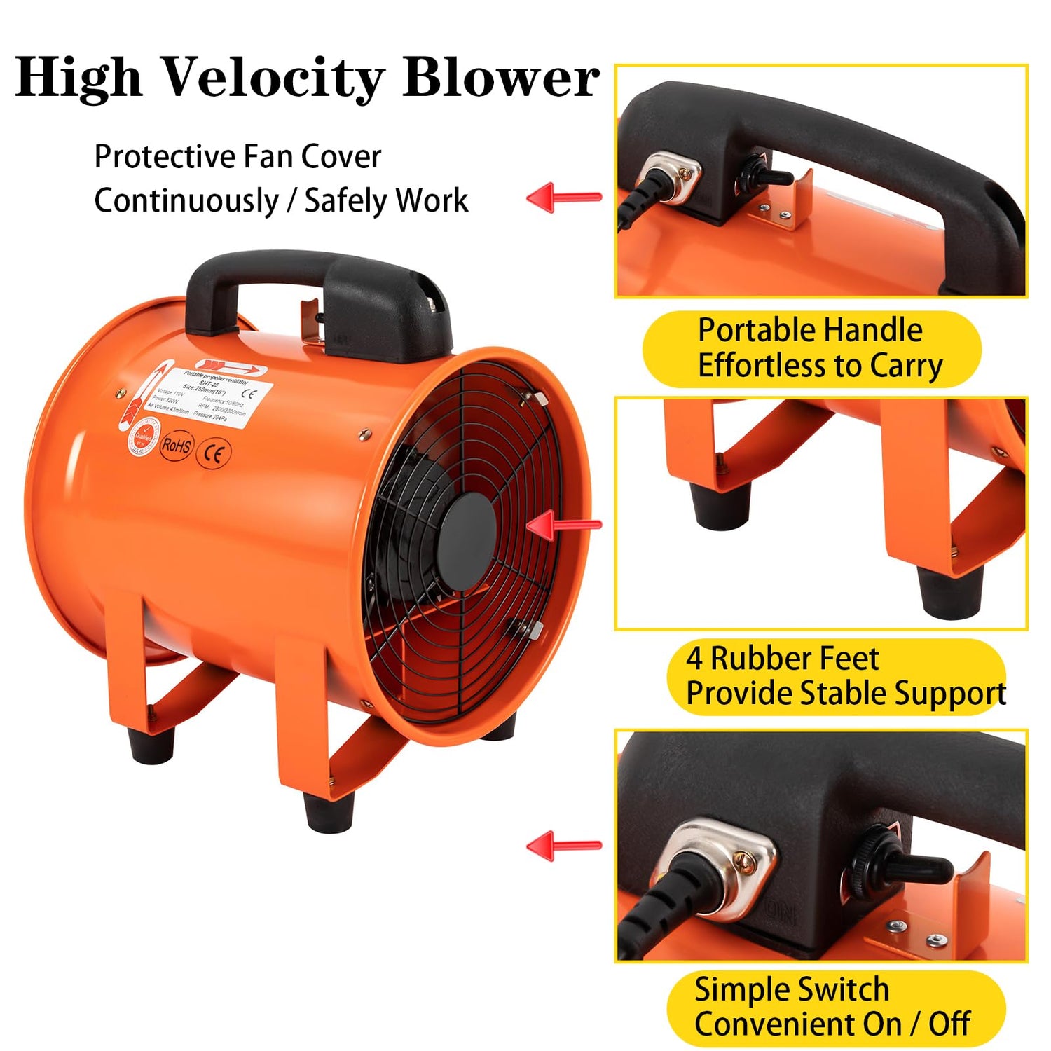 Utility Blower Fan, 10 inch Ventilator Blower, 2800/3300RPM Extractor Fan Blower, Portable Industrial High Velocity Blower-with 32.8 ft/10 m Duct Yellulu