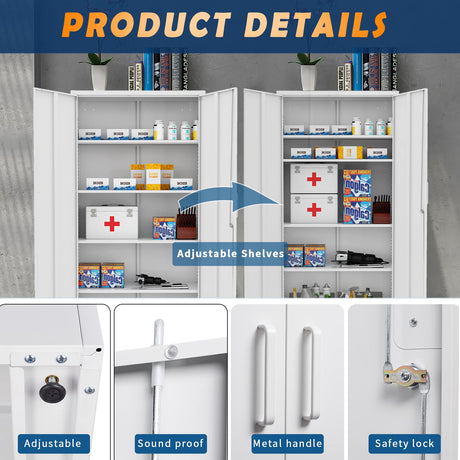 Yizosh Metal Garage Storage Cabinet with 2 Doors and 5 Adjustable Shelves - 71" Steel Lockable File Cabinet,Locking Tool Cabinets for Yizosh