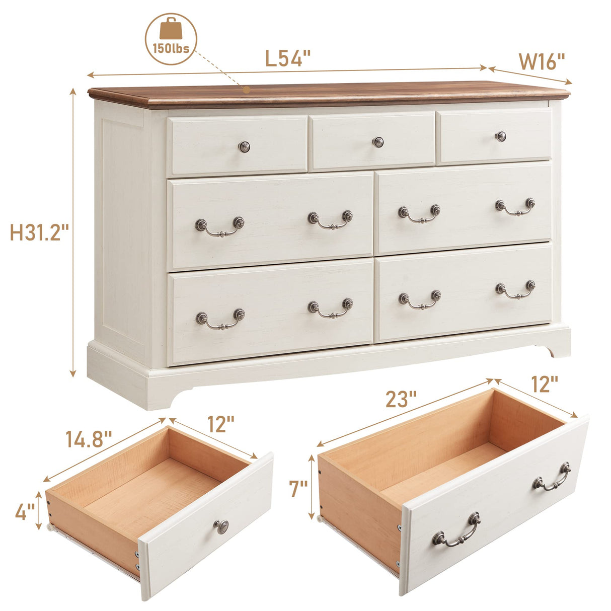 T4TREAM 7 Drawers Dresser Chests for Bedroom, Wood Rustic Tall Chset of Drawers,Dressers Organizer for Bedroom, Living Room,Hallway, Antique White T4TREAM