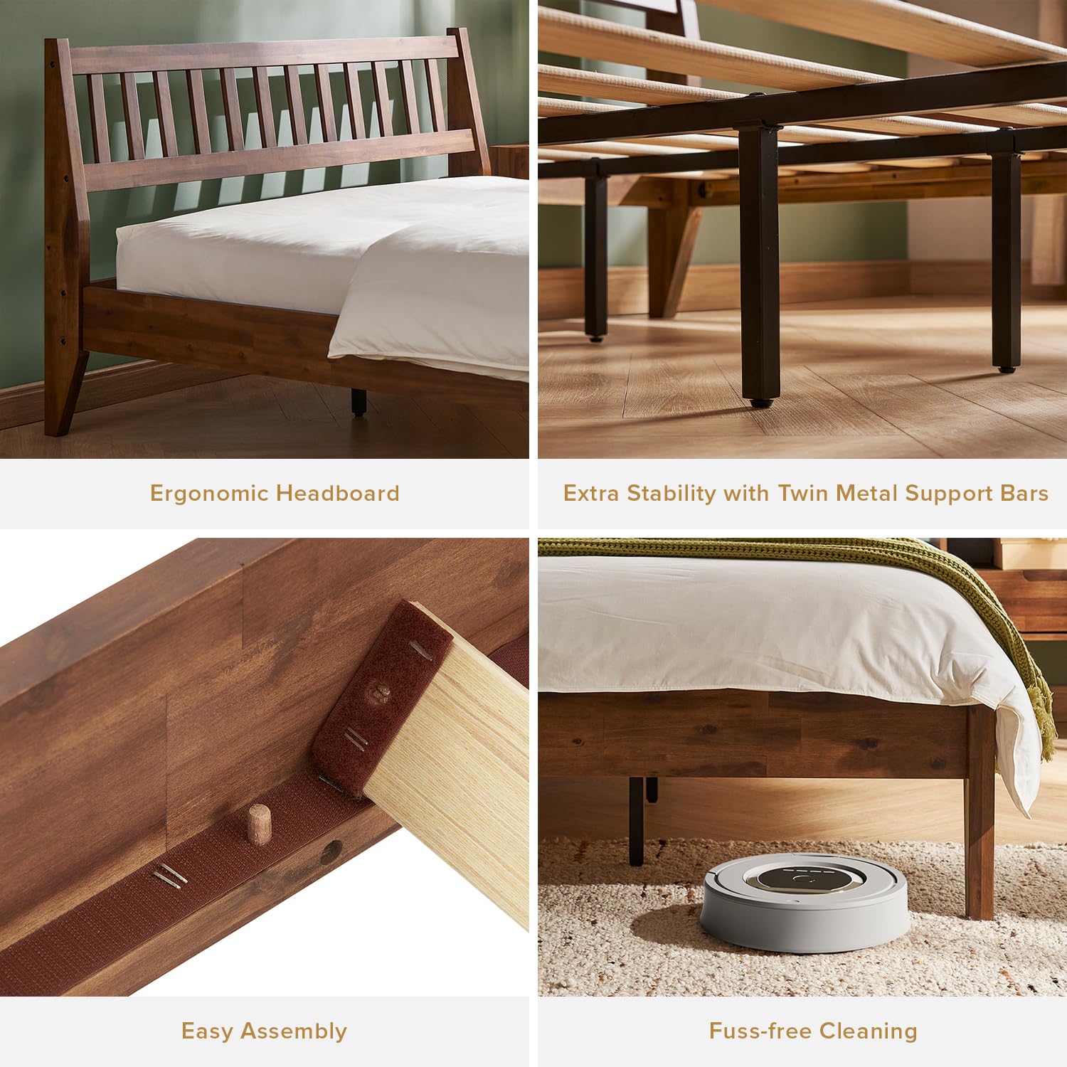 Ted King Size Mid Century Modern Acacia Wood Bed Frame with Slated Headboard mopio