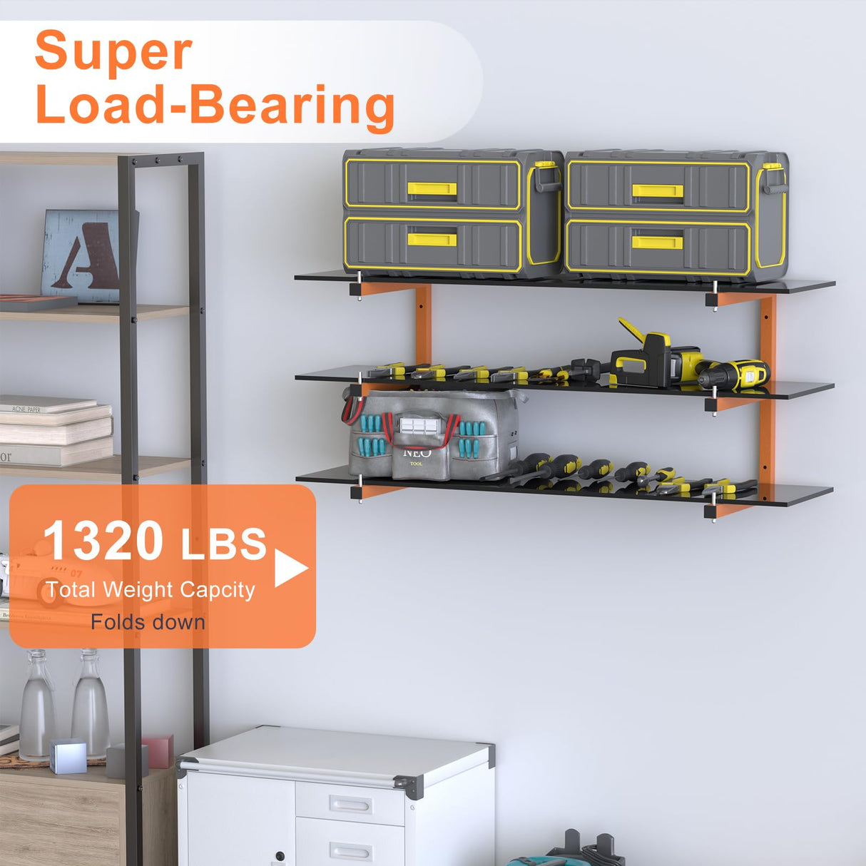 Lumber Rack Wall-Mounted Lumber Storage Rack, Heavy Duty Wood Storage Racks with 6-Level System, 1320 Lb Durable Garage Wood Organizer, Orange Lumber Riciakik