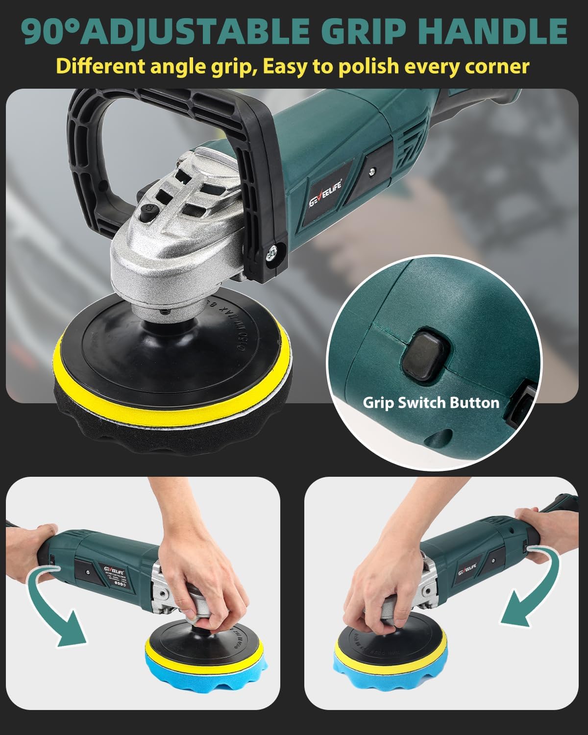 GEVEELIFE Buffer Polisher, 1600W, 7 Variable Speed 1000-3300 RPM Car Buffer Polisher Waxer with Grip, Detachable Handle for Car Polishing, Waxing - WoodArtSupply