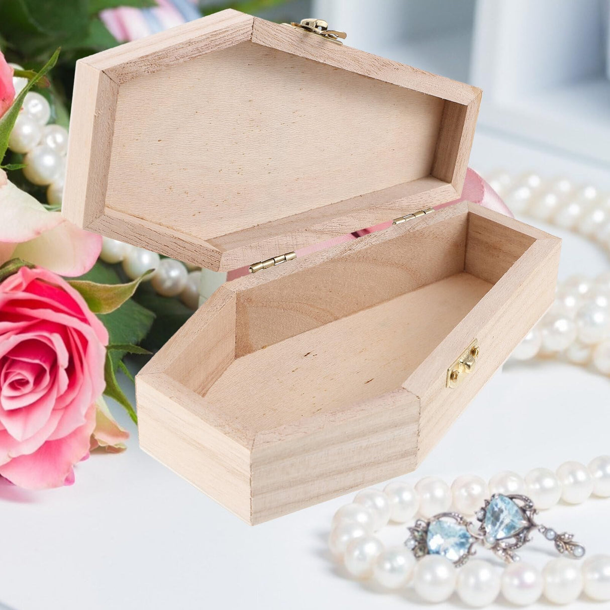 VOSAREA Dresser Decor Wooden Coffin Box Halloween Coffin Ring Box Wood Coffin Shaped Boxes Jewelry Trinket Box Ring Necklace Container Goth Party VOSAREA