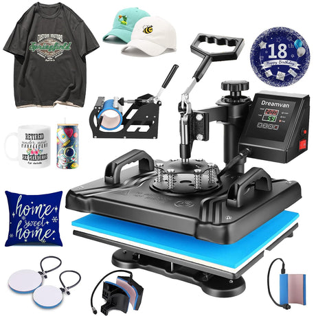 HIFRRUY 5 in 1 Heat Press Machine 12x15 Inch T-Shirt Press Machine Sublimation Heat Press 360° Swing Away Digital Heat Transfer Combo for Shirt Cap HIFRRUY
