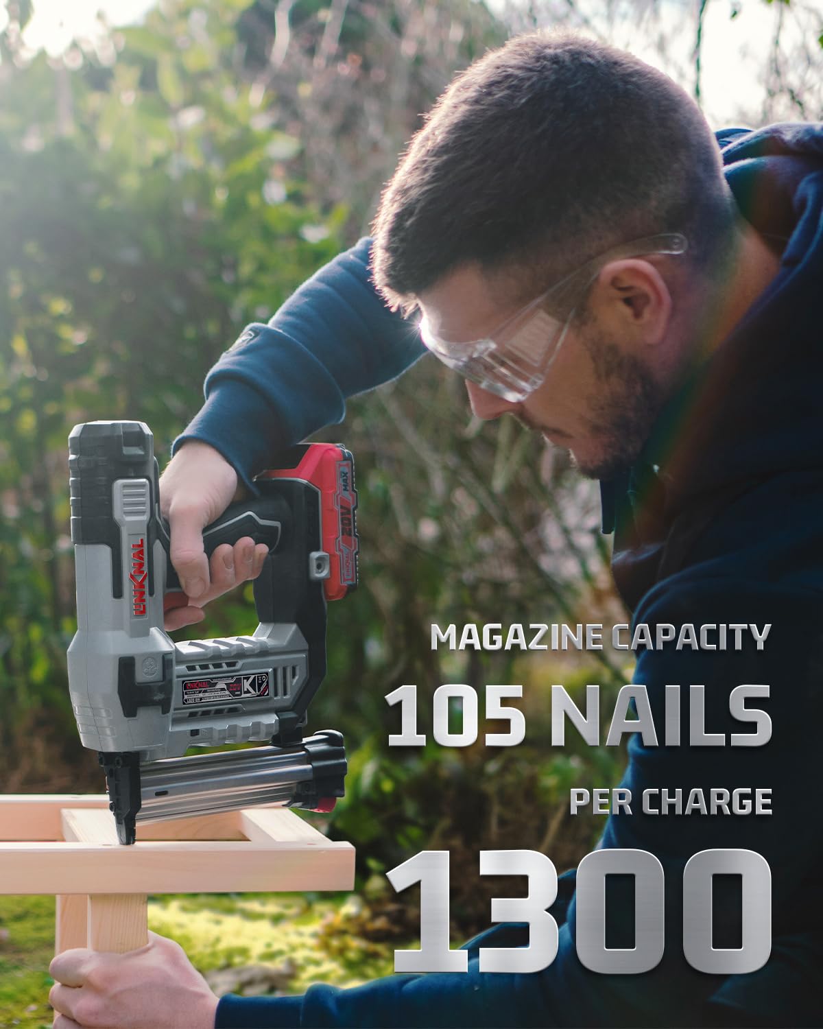 Electric Nail Gun, LINKNAL Cordless Brad Nailer Battery Powered,18 Gauge, 2×20V MAX Li-ion Batteries, Charger and 1000 Nails Included (L820-BN) LINKNAL