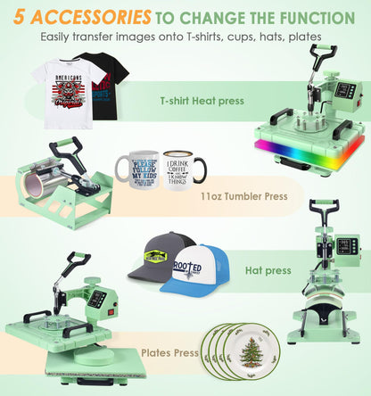 Slendor 5 in 1 Heat Press Machine 12x15 Inch T-Shirt Pressing Machine 360° Swing Away Sublimation Heat Press Digital Heat Transfer with 11OZ Tumbler