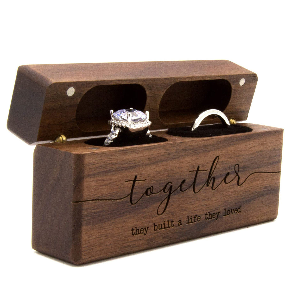 MUUJEE Together Double Ring Box - Engraved Slim Wooden Ring Case Box for Wedding Ceremony Engagement Proposal Ring Bearer Box - Anniversary Birthday MUUJEE