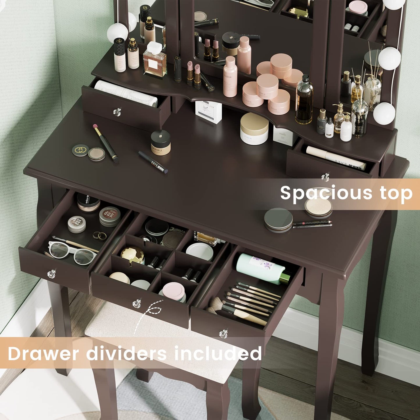 Tiptiper Vanity Desk, Makeup Vanity Set with Lighted Mirror and Stool, Dressing Table with 5 Drawers, 3 Light Settings & Adjustable Brightness, - WoodArtSupply