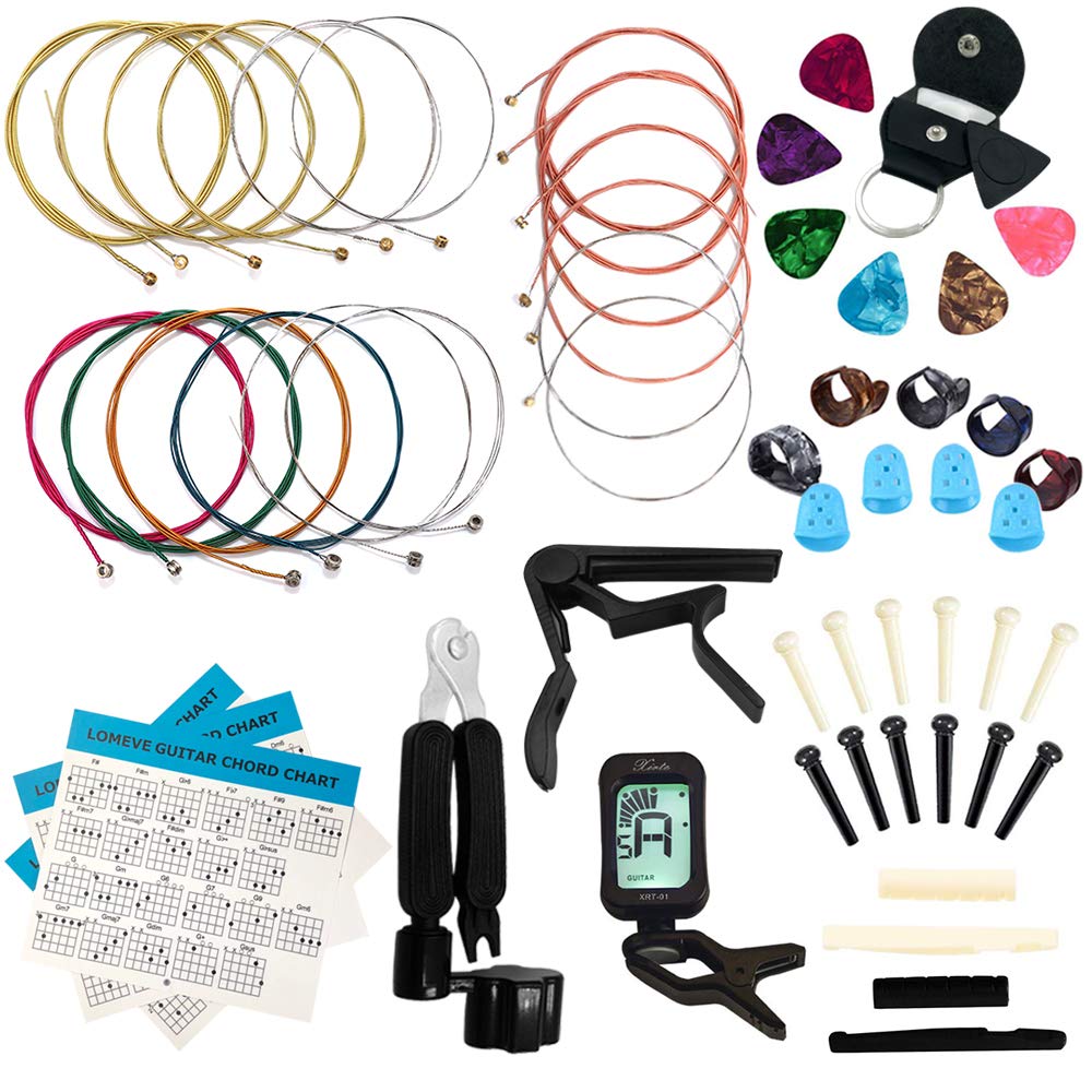 LOMEVE Guitar Accessories Kit Include Acoustic Strings, Tuner, Capo, 3-in-1 Restring Tool, Picks, Pick Holder, Bridge Pins, Nuts & Saddles, Finger LOMEVE