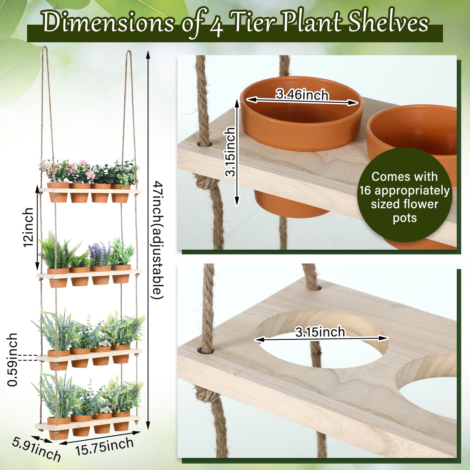 FillTouch 4 Tiered Hanging Herb Garden Wall Hanging Herb Planters with 16 Pcs Nursery Pot Wood Vertical Hanging Window Plant Shelf with Holes and - WoodArtSupply