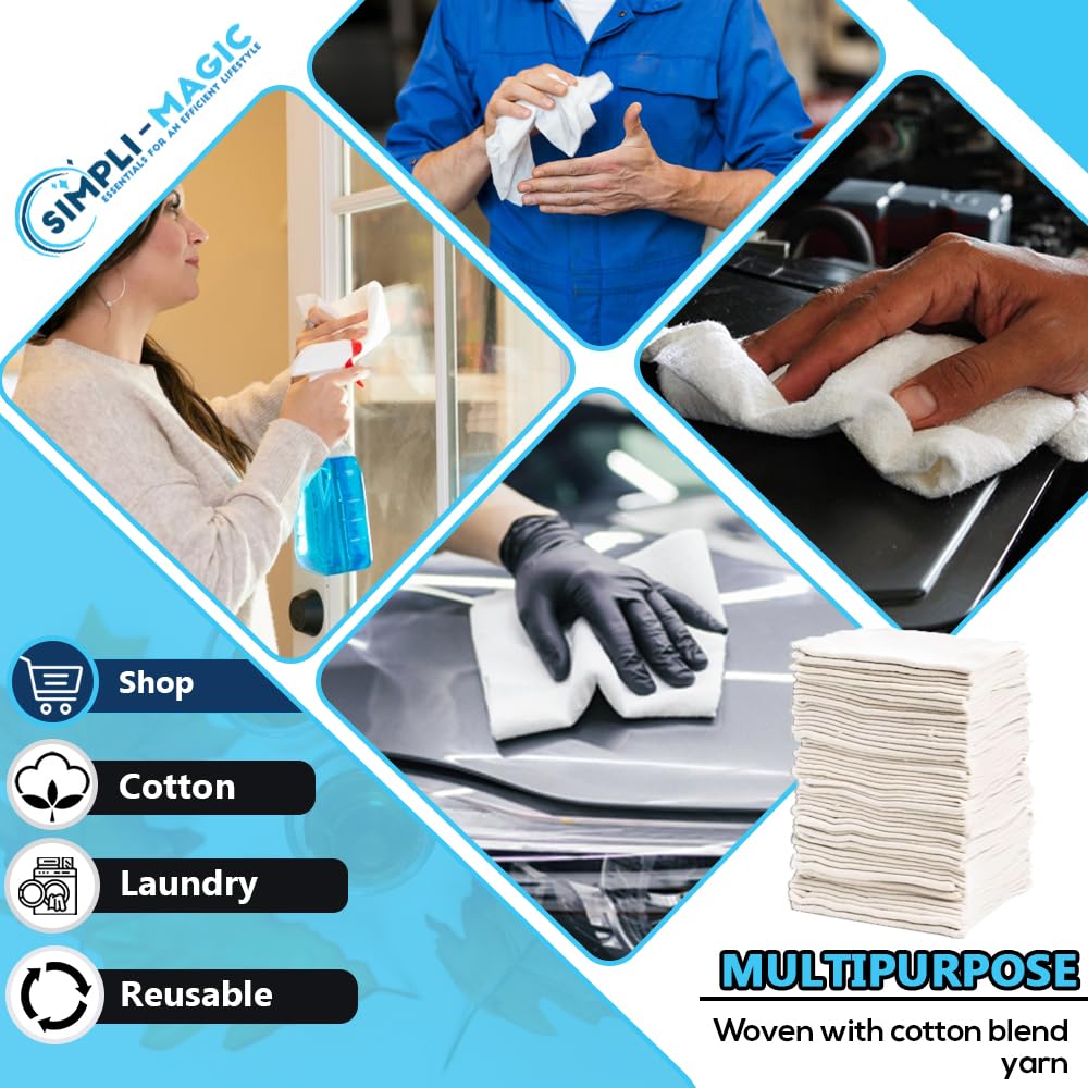 SIMPLI-MAGIC 79142 Shop Towels 14"x12", Pack of 150, Cotton, White SIMPLI-MAGIC