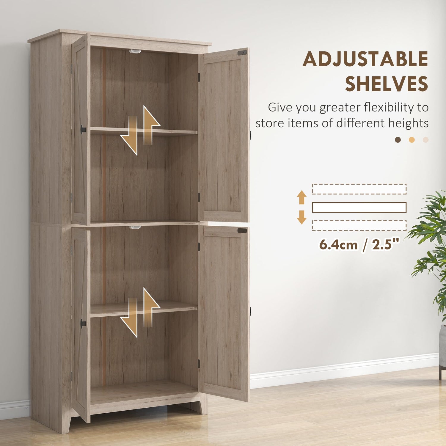 HOMCOM 72" Freestanding 4-Door Kitchen Pantry, Storage Cabinet Organizer with 4-Tiers, and Adjustable Shelves, Natural HOMCOM