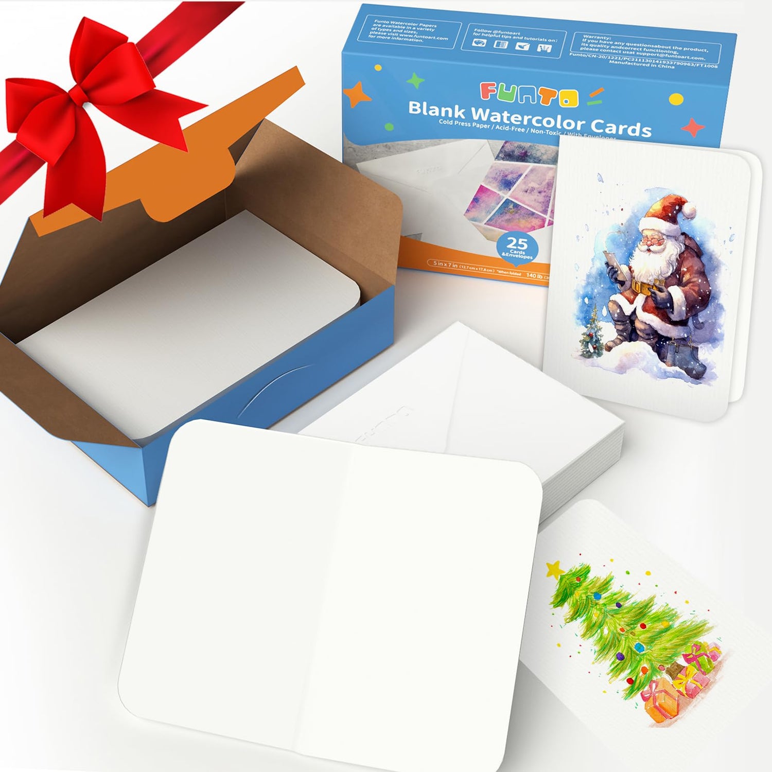 Funto Blank Watercolor Cards and Envelopes, 50 Cards, 5''x7'', 140lb/300gsm, White, Acid-Free, Heavyweight Paper for Watercolor Painting, Funto