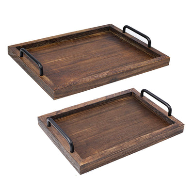 LIBWYS Rustic Wooden Serving Trays with Handle-Set of 2-Decorative Nesting Food Board Platters for Breakfast, Coffee Table/Butler (Large