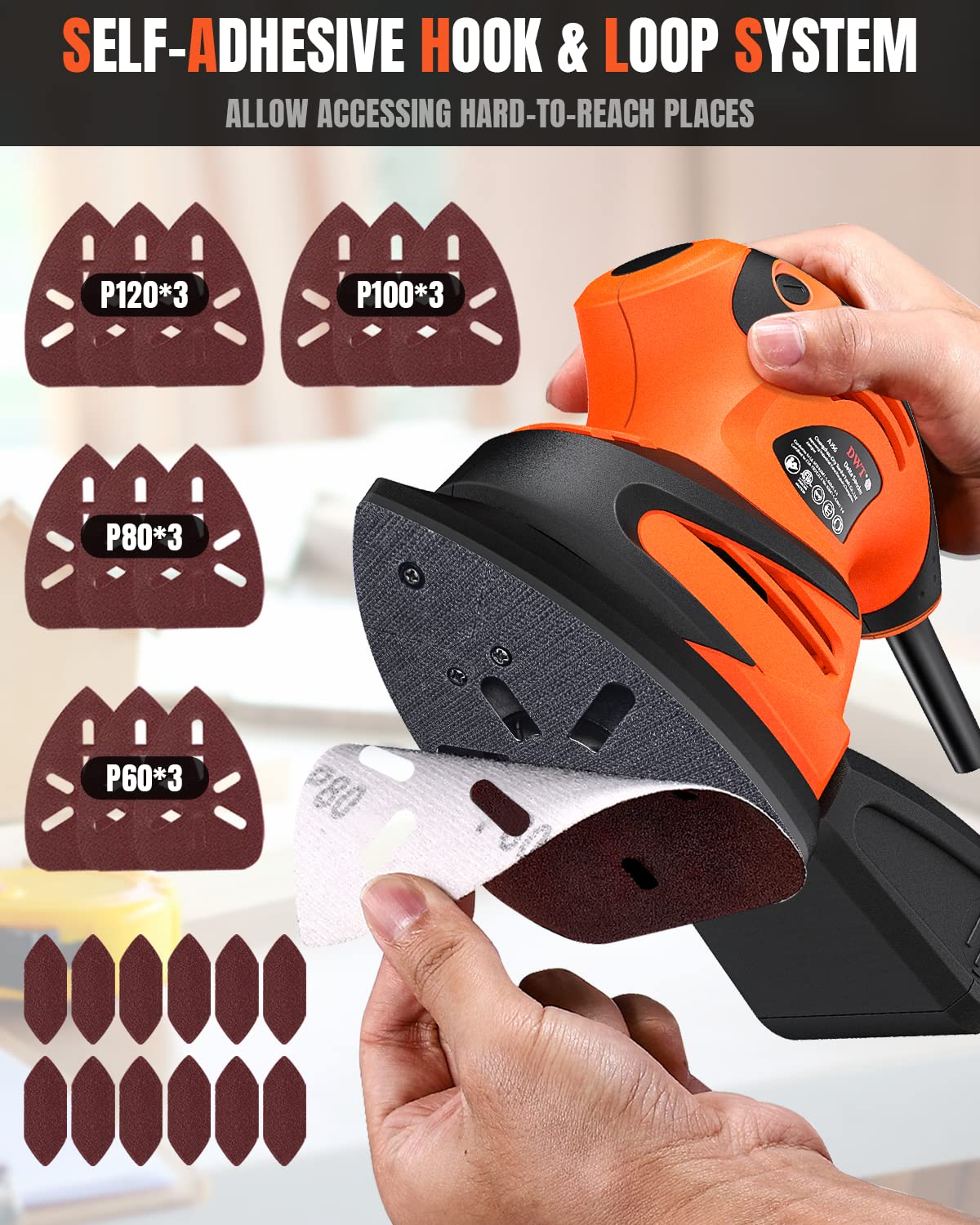 DWT Detail Sander, 1.5A 15000 OPM Electric Sander with 24pcs Sandpapers, Efficient Dust Collection System & Detail Finger Attachment, Soft Grip DWT