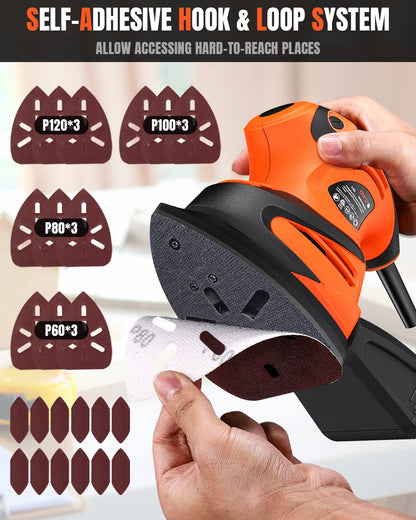 DWT Detail Sander, 1.5A 15000 OPM Electric Sander with 24pcs Sandpapers, Efficient Dust Collection System & Detail Finger Attachment, Soft Grip - WoodArtSupply