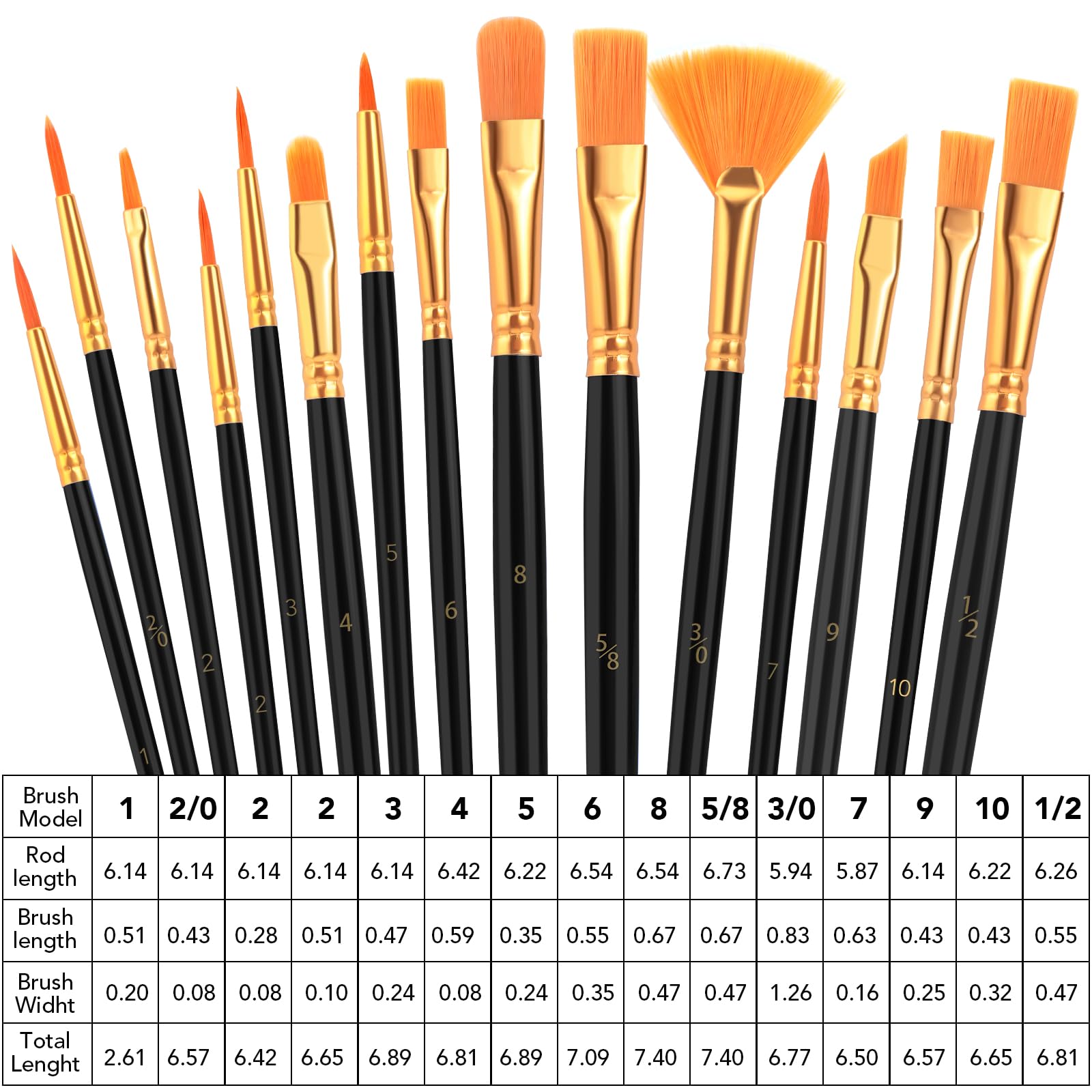 AROIC Acrylic Paint Brush Set,1pack/15pcs Nylon Hair Acrylic Painting Brush,Watercolor Rock Face Painting Brush, Artist Craft Brush Supplies, Paint - WoodArtSupply