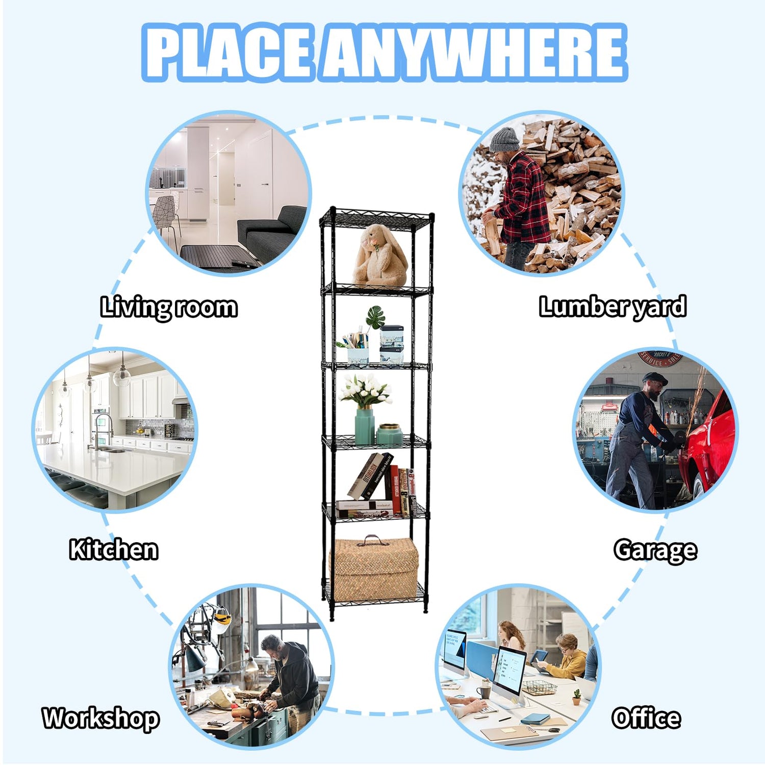 SUNLPH 6-Tier Wire Shelving Adjustable Shelves Unit Metal Storage Rack for Laundry Bathroom Kitchen Pantry Closet Organization (Black, 16.6" L x SUNLPH