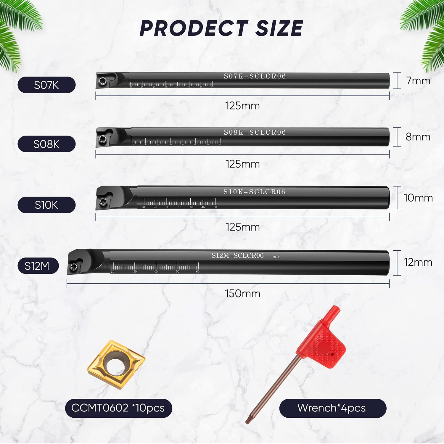 14 Pieces Lathe Boring Bar Set 4 Pieces 95 Degree S07K/ S08K/ S10K/ S12M-SCLCR06 Lathe Boring Internal Turning Bar Holder with 10 Pieces CCMT0602 Honoson