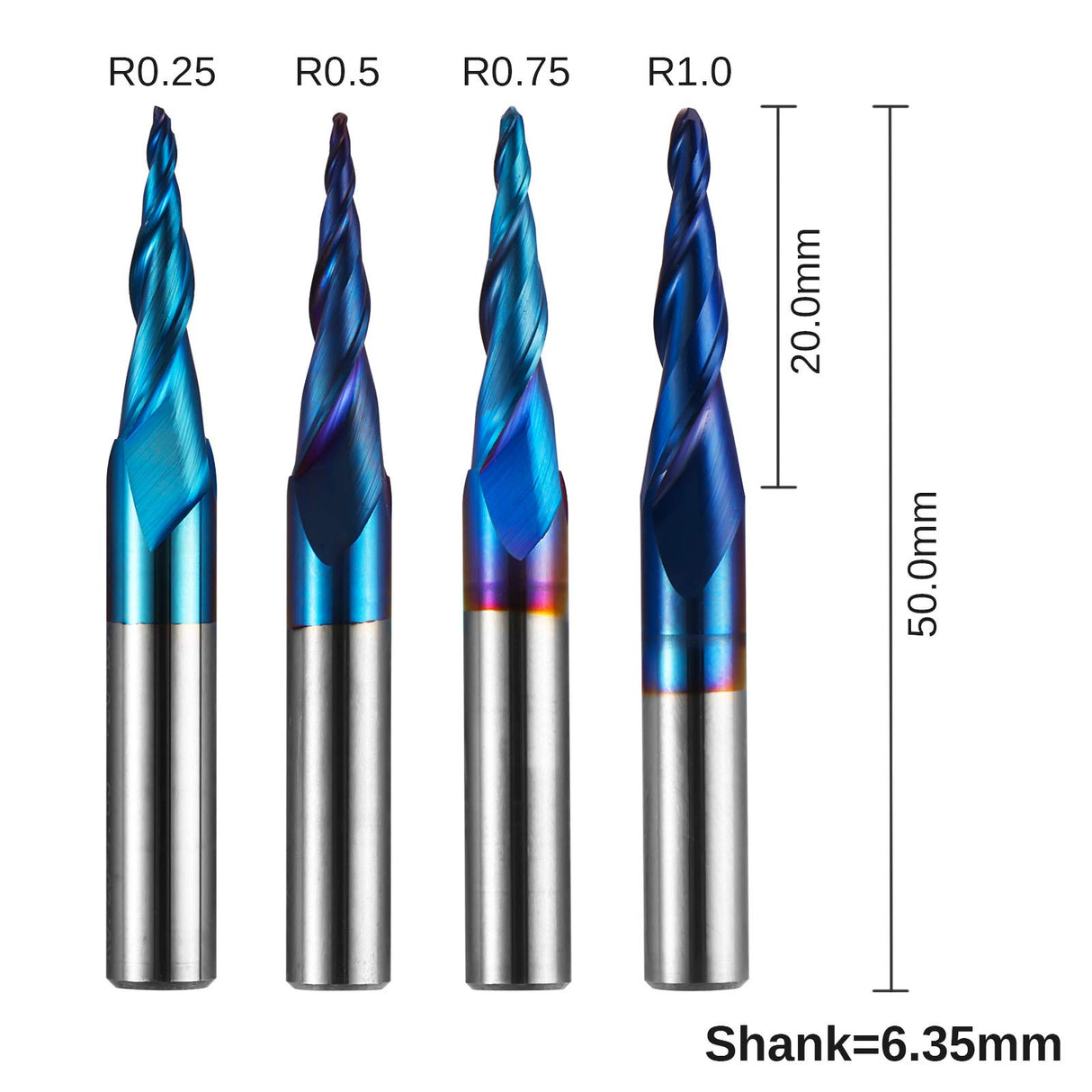 Genmitsu 4pcs 2-Flute Tapered Ball Nose Spiral End Mill, Nano Blue Coating Tungsten Carbide CNC Router Bits, 2D And 3D Engraving Carving Woodworking Genmitsu