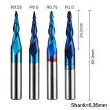 Genmitsu 4pcs 2-Flute Tapered Ball Nose Spiral End Mill, Nano Blue Coating Tungsten Carbide CNC Router Bits, 2D And 3D Engraving Carving Woodworking Genmitsu